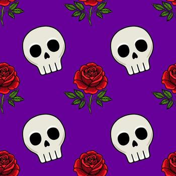 sin costura modelo presentando alterno dibujos animados calaveras y rojo rosas en un vibrante púrpura fondo, creando un único día de el muerto estético. vector