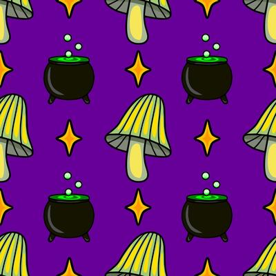 Seamless pattern with whimsical Halloween elements cartoon mushrooms, magic cauldrons, and sparkling stars on a vibrant purple background, creating a playful and enchanting design.