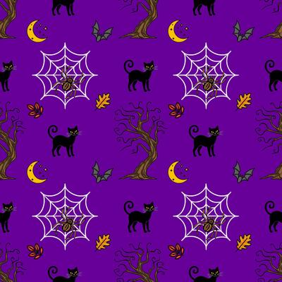 Spooky Halloween seamless pattern with black cats, spiderwebs, bats, and dead trees on a vibrant purple background, perfect for autumnal designs and festive celebrations.