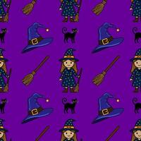 Seamless pattern featuring adorable cartoon witches, their brooms, hats, and black cats, set against a vibrant purple background, ideal for Halloweenthemed designs. vector