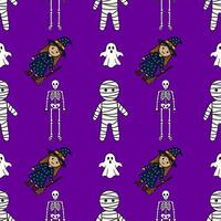 Seamless Halloween pattern with cute cartoon mummies, skeletons, witches, and ghosts on a vibrant purple background, perfect for festive designs and spooky celebrations. vector