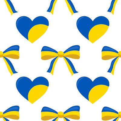 Seamless pattern featuring vibrant blue and yellow hearts and bows, reminiscent of the Ukrainian flag, creating a cheerful and patriotic design ideal for festive celebrations or expressing s...