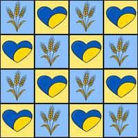 Seamless pattern featuring alternating squares of blue and yellow hearts incorporating Ukrainian flag colors and golden wheat stalks, creating a cheerful and patriotic design. vector