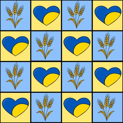 Seamless pattern featuring alternating squares of blue and yellow hearts incorporating Ukrainian flag colors and golden wheat stalks, creating a cheerful and patriotic design.