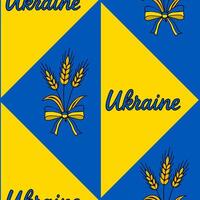 Seamless pattern featuring a geometric arrangement of yellow and blue triangles, interspersed with wheat stalks tied with ribbons in the Ukrainian national colors and the word Ukraine in a... vector