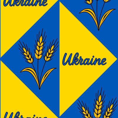 Seamless pattern featuring a geometric design in blue and yellow, incorporating stylized wheat stalks and the word Ukraine, creating a vibrant and symbolic textile or wallpaper design.