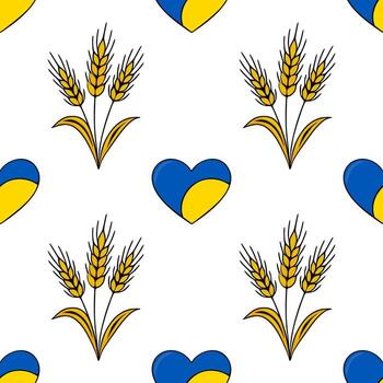 sin costura modelo presentando estilizado trigo tallos y ucranio bandera corazones, creando un vibrante y simbólico diseño ideal para varios aplicaciones vector