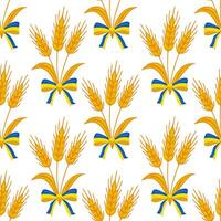 Seamless pattern of golden wheat ears and blueyellow bows, symbolizing Ukrainian national colors and harvest abundance. vector