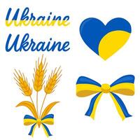 A vibrant illustration featuring the Ukrainian flag colors in a heart, wheat stalks, and bows, accompanied by stylized text Ukraine. vector