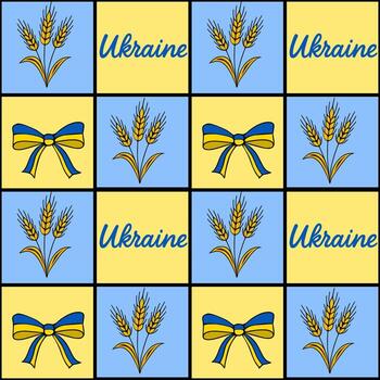 Seamless pattern featuring Ukrainian wheat ears and ribbon bows in yellow and blue, creating a cheerful and patriotic design ideal for various applications. vector