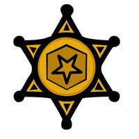 A stylized sheriffs badge featuring a gold star in the center with a hexagonal shape, surrounded by a starshaped design and pointed tips, set against a white background. vector