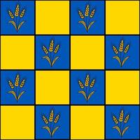 Seamless pattern with stylized wheat ears on a blue and yellow checkered background, offering a unique design for various applications. vector