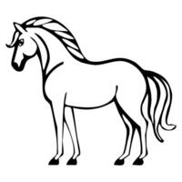 A stylized black and white illustration of a horse standing gracefully. The horse features a flowing mane and tail, with a strong posture and elegant lines. vector
