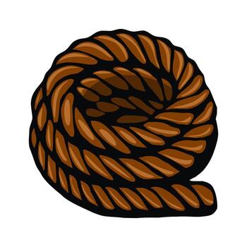 A coiled brown rope with a textured surface, showcasing its twisted strands. The rope is circular and appears sturdy, suitable for various uses. vector