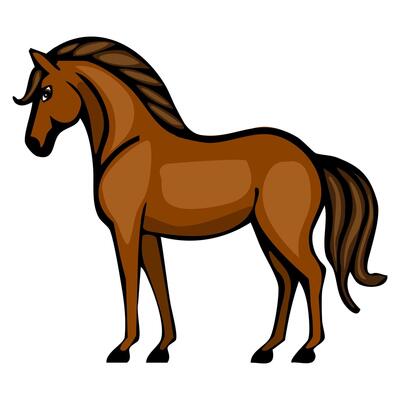 A cartoonstyle illustration of a brown horse standing upright. The horse features a flowing mane and tail, with a confident posture and expressive eyes.
