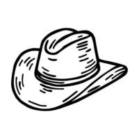 A handdrawn illustration of a cowboy hat, featuring a wide brim and a high crown, with textured lines to indicate shading and depth. vector