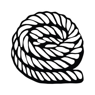 A stylized black and white illustration of a coiled rope, featuring intricate twisted patterns and a smooth, rounded shape.