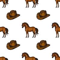 A repeating pattern featuring cartoonstyle brown horses and cowboy hats on a white background. The horses are depicted standing, showcasing their playful nature vector