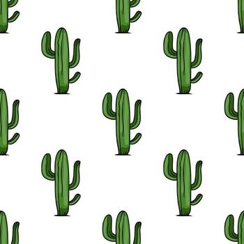 un sin costura modelo presentando estilo de dibujos animados verde cactus en un blanco antecedentes. el cactus son representado con brazos y un vibrante verde color, creando un juguetón y alegre diseño. vector