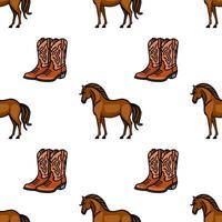 A repeating pattern featuring cartoonstyle horses and cowboy boots on a white background. The horses are brown with a playful stance, while the boots are detailed with a western design. vector