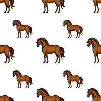 A seamless pattern featuring cartoonstyle brown horses on a white background. The horses are depicted in various poses, showcasing their distinct features and playful design. vector