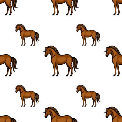 A seamless pattern featuring cartoonstyle brown horses on a white background. The horses are depicted in various poses, showcasing their distinct features and playful design.