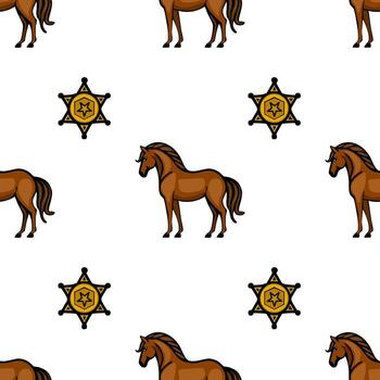 un sin costura modelo presentando marrón caballos y alguacil estrellas en un blanco antecedentes. el caballos son representado en un juguetón, caricaturesco estilo, agregando un caprichoso toque a el diseño. vector