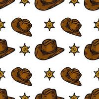 A repeating pattern featuring cowboy hats and sheriff badges, illustrated in a playful style. The design is suitable for textiles, wallpapers, or themed decorations. vector