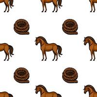 A seamless pattern featuring cartoonstyle brown horses and coiled ropes on a white background. The horses are depicted in various poses, showcasing their playful nature. vector