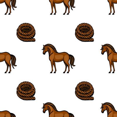 A seamless pattern featuring cartoonstyle brown horses and coiled ropes on a white background. The horses are depicted in various poses, showcasing their playful nature.