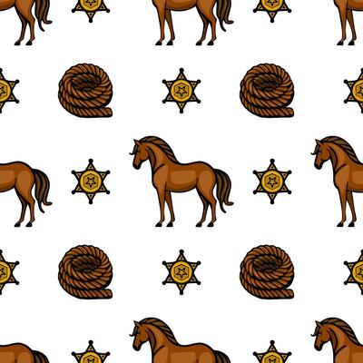 A seamless pattern featuring cartoonstyle horses, sheriff stars, and ropes on a white background. The horses are brown, the stars are gold with a black outline, and the ropes are coiled.