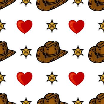 un sin costura modelo presentando vaquero sombreros, alguacil insignias, y rojo corazones en un blanco antecedentes. el diseño es juguetón y caprichoso, adecuado para varios creativo proyectos vector