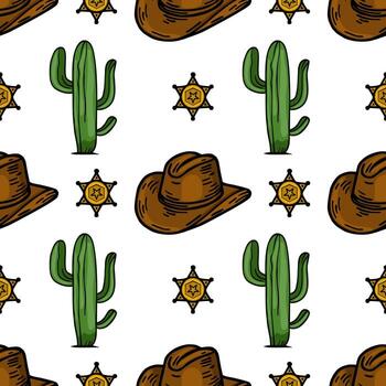 un repitiendo modelo presentando vaquero sombreros, alguacil insignias, y cactus el diseño es vistoso y juguetón, ideal para temática occidental proyectos o textiles. vector