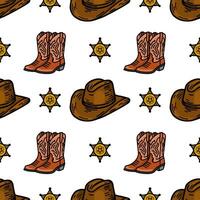 A repeating pattern featuring cowboy hats, sheriff badges, and cowboy boots. The design is colorful and playful, suitable for westernthemed projects. vector