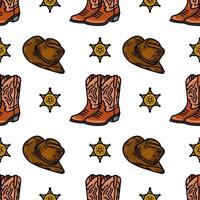 A seamless pattern featuring cowboy boots, cowboy hats, and sheriff stars, all in a playful and colorful design. Ideal for westernthemed projects. vector