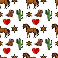 A whimsical pattern featuring brown horses, cowboy boots, cacti, sheriff stars, and red hearts on a white background. Ideal for westernthemed designs. vector