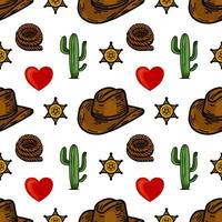 A playful pattern featuring cowboy hats, cacti, sheriff stars, hearts, and yarn balls on a white background. Ideal for westernthemed designs or crafts. vector