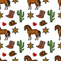 A playful pattern featuring horses, cowboy hats, sheriff badges, cacti, hearts, and cowboy boots. The design is colorful and evokes a Western theme, perfect for textiles or decor. vector