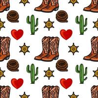 A fun and colorful pattern featuring cowboy boots, cacti, hearts, sheriff badges, and yarn balls, ideal for westernthemed designs. vector