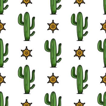 un juguetón modelo presentando estilo de dibujos animados cactus y alguacil estrellas en un blanco antecedentes. el cactus son verde con amarillo acentos, creando un divertido y caprichoso diseño. vector