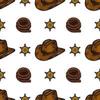 A repeating pattern featuring cowboy hats, sheriff stars, and rope coils on a white background. The design has a playful, western theme, ideal for textiles or childrens decor. vector
