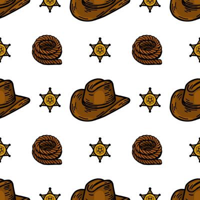 A repeating pattern featuring cowboy hats, sheriff stars, and rope coils on a white background. The design has a playful, western theme, ideal for textiles or childrens decor.