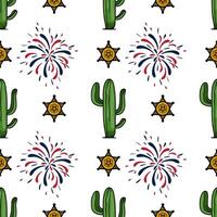 A seamless pattern featuring cacti, sheriff stars, and colorful fireworks on a white background. The design combines elements of the Wild West with festive fireworks vector