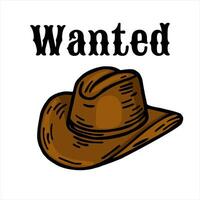A stylized illustration of a cowboy hat with the word Wanted above it. The hat is brown with a textured appearance, and the text is bold and prominent, creating a vintage wanted poster vibe. vector