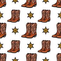 A repeating pattern featuring cowboy boots and sheriff badges on a white background. The boots are brown with a textured design, while the badges are gold with a star shape. vector