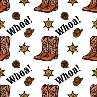 A playful pattern featuring cowboy boots, sheriff badges, cowboy hats, and yarn balls, with the word Whoa in a fun font. The design is colorful and whimsical, a westernthemed vector