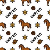 layful pattern featuring brown horses, cowboy hats, sheriff stars, and the phrase Giddy Up on a white backgroA pund. Ideal for westernthemed designs. vector