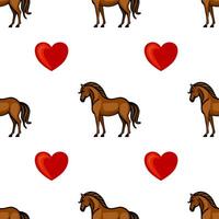 A playful pattern featuring brown horses and red hearts on a white background, ideal for childrens designs or romantic themes. vector