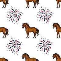 A seamless pattern featuring brown horses and colorful fireworks on a white background. The horses are depicted in a cartoon style, with a playful and festive atmosphere vector