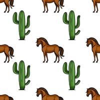 A playful pattern featuring cartoonstyle brown horses and green cacti on a white background. The design is whimsical and suitable for childrens decor or fabric. vector